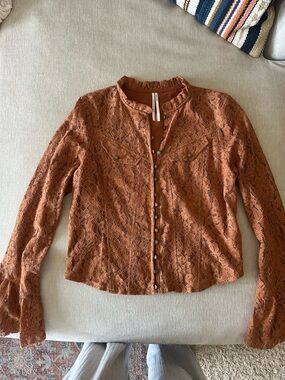 Anthropologie Rust Lace Button-Front Blouse